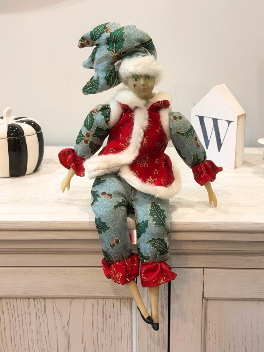 Vintage Sugarloaf Creations Shelf Sitter Christmas Elf Doll Green 18" Jester